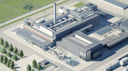 Technical drawing of a modern waste treatment facility, showcasing advanced recycling technologies and energy recovery systems