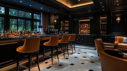 Luxurious Home Bar with Dark Wood, Marble Floor, and Leather Seating