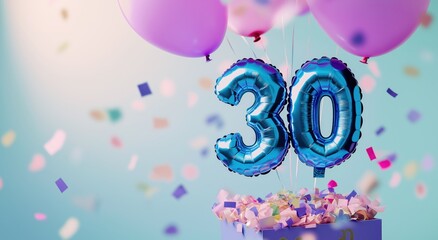 Vibrant and Festive of a Special 30th Birthday or Anniversary Milestone with Colorful Balloons Confetti and on a Cheerful Backdrop