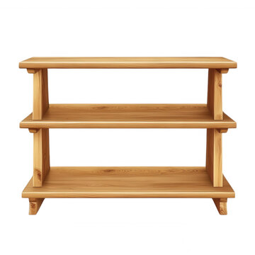 Wooden shelf with three levels and a minimalist design, isolated on transparent or white background