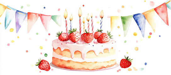 watercolor painting of birthday cake adorned with fresh strawberries and colorful candles, surrounded by festive bunting and confetti, perfect for celebrating special moments