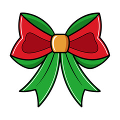 A vibrant red and green bow with a yellow center on white