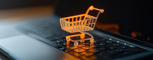 Neon-lit digital cart floating over a laptop keyboard, capturing the essence of e-commerce growth and technological advancements in online retail