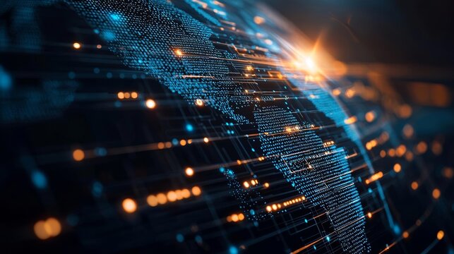 Global digital network with blockchain nodes and data points, highlighting the interconnectedness of modern communication and cryptocurrency systems