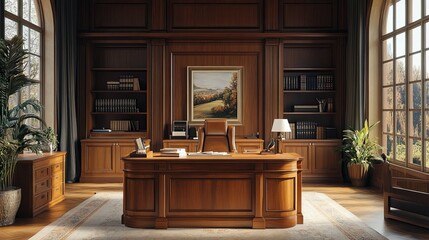 Luxurious Wooden Office with Large Desk and Leather Chair