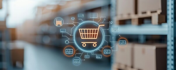 Advanced warehouse system featuring a holographic shopping cart icon, representing IoT-powered logistics, surrounded by digital pathways of data flow
