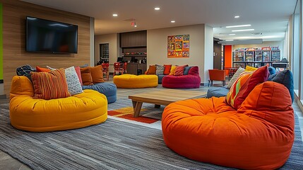 Modern Lounge with Colorful Bean Bag Chairs and a Coffee Bar
