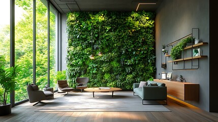 A modern workspace with an expansive living wall covered in green foliage, with sunlight filtering through floor-to-ceiling windows, creating a tranquil and sustainable office environment.