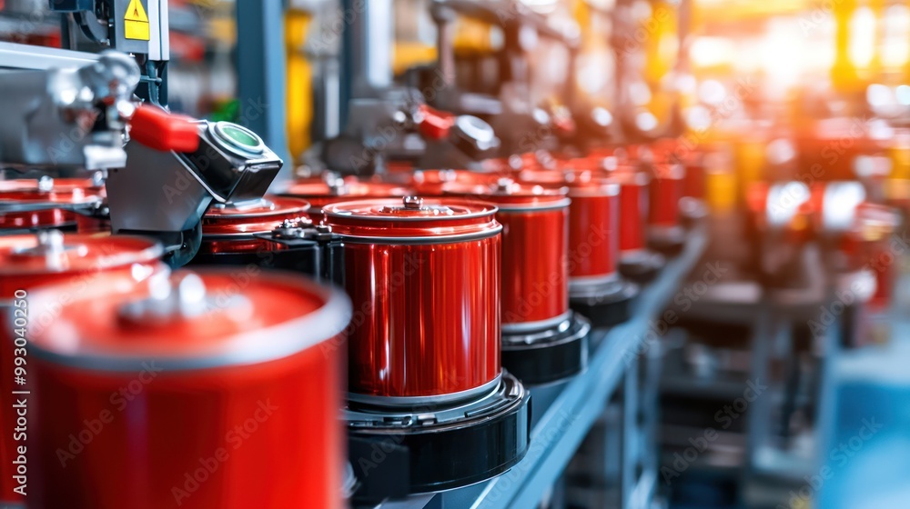 Poster a close-up of red industrial components on a production line in a factory setting.