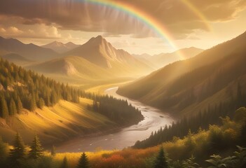 Fototapeta premium A colorful fantasy landscape with a rainbow arching over a majestic mountain range