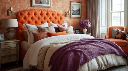 Cozy bedroom with vibrant decor and soft textiles.