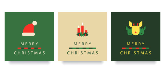 Set of three Chistmas square postcards, social media template, minimalistic Holiday banner, poster, invitation cards