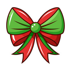 A vibrant red and green bow with a yellow center on white