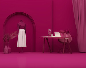Minimal office table desk on viva magenta background. Minimal idea concept for study desk, lamp, plant vase and workspace. Work from home office.	
