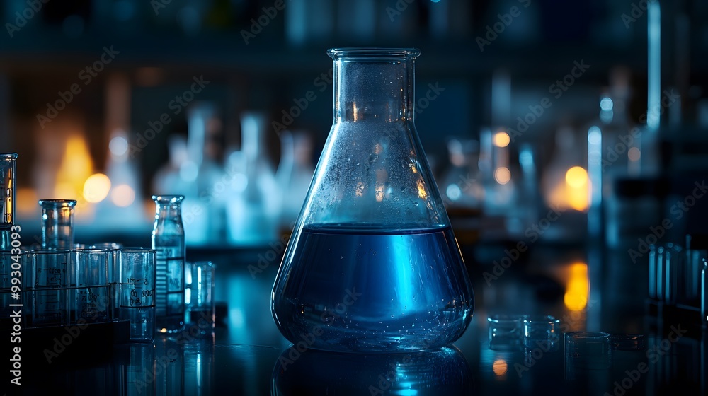 Poster a single erlenmeyer flask filled with blue liquid in a laboratory setting