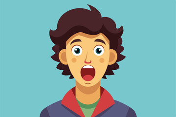 Obraz premium A surprised young man with curly hair and expressive eyes stands against a bright backdrop, Customizable Semi Flat Illustration - Pleasantly Surprising