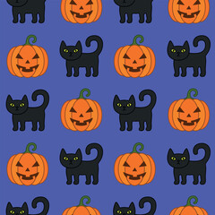 Halloween cartoon seamless pattern. Cute black cat, orange pumpkin. Animal holidays character. Vector.