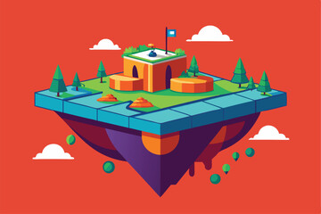 Obraz premium A colorful floating island features natural elements like trees, geometric shapes, and a flag on top, Customizable semi-flat illustration that can be stretched.