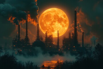 Industrial Night: A Factory Silhouetted Against a Blood Orange Moon