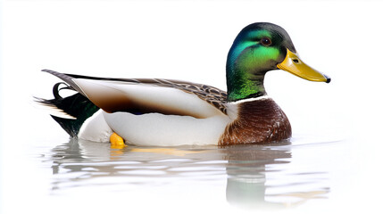 Obraz premium A duck with shiny green plumage on its head and a yellow bill gracefully glides on the water, leaving gentle ripples behind
