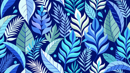 Fototapeta premium A seamless vector pattern featuring various tropical leaves in calming shades of blue and green, arranged on a dark background for a striking and elegant visual effect.