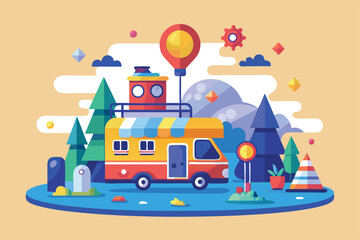 Naklejka premium A colorful camper van surrounded by trees, mountains, and playful geometric shapes under a bright sky, Customizable API with Semi Flat Illustration
