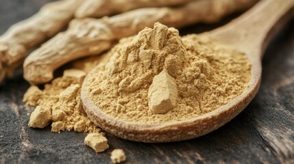 Dried Gentian Root Powder on Wooden Spoon