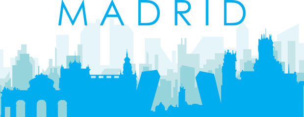 Obraz premium Blue panoramic city skyline poster with bluish misty transparent background buildings of MADRID, SPAIN