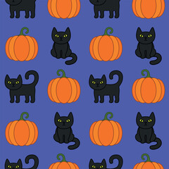 Halloween cartoon seamless pattern. Cute black cat, orange pumpkin. Animal holidays character. Vector.