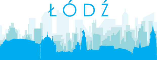 Blue panoramic city skyline poster with bluish misty transparent background buildings of LODZ, POLAND