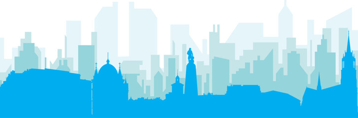 Fototapeta premium Blue panoramic city skyline poster with bluish misty transparent background buildings of LODZ, POLAND