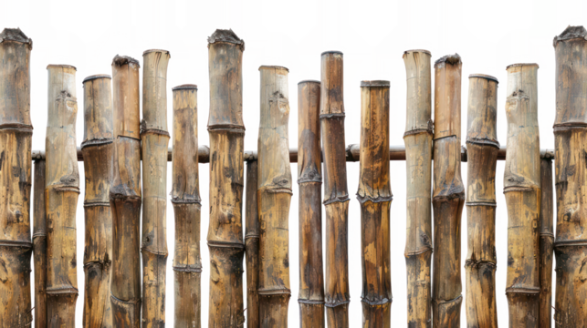 Bamboo texture wood natural brown isolated on background. Closeup trunk plant of wooden bamboo poles, wall fence vintage background. Surface bamboo fencing for decoration garden style Asia