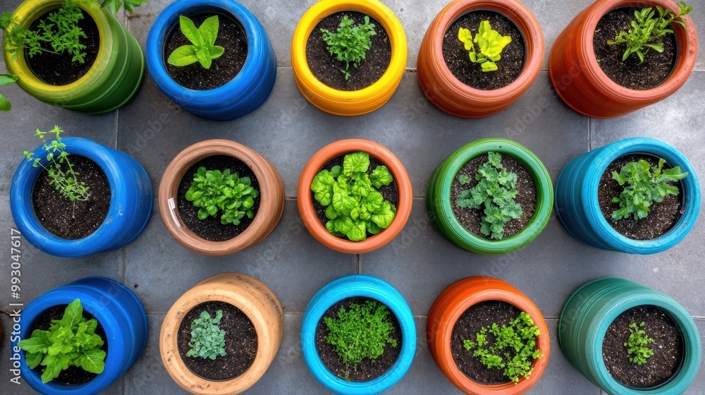 Wall mural colorful potted herbs and greens in garden setting