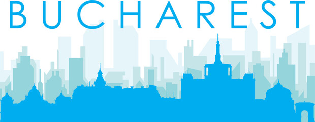 Obraz premium Blue panoramic city skyline poster with bluish misty transparent background buildings of BUCHAREST, ROMANIA