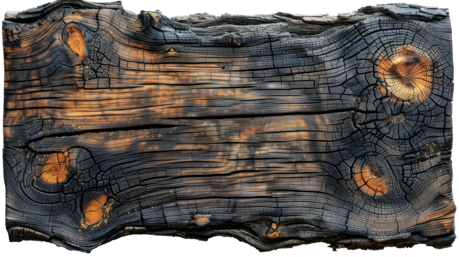 Old burned wood, dry wood, bare wood, wooden plank texture on empty a transparent background. Close up Various textured pieces isolated on background