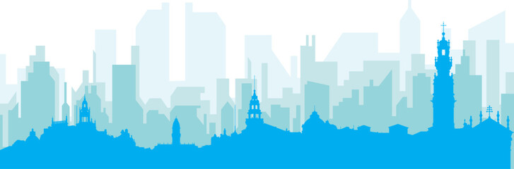 Fototapeta premium Blue panoramic city skyline poster with bluish misty transparent background buildings of PORTO, PORTUGAL