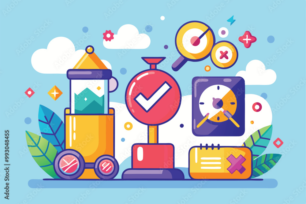 Poster colorful elements represent productivity tools, including a timer and checklist, emphasizing organiz