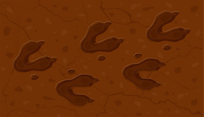 Prehistoric era dinosaur fossil footprints on the ground. Cartoon vector background with ancient dino reptile animal paw prints, trail impression. Jurassic archaeological and paleontology finds