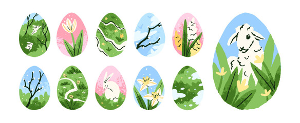 Designs of patterns, ornaments on egg silhouettes. Cute drawing decor for Easter. Decoration with painted flowers, animals for religious holiday. Flat isolated vector illustrations on white background