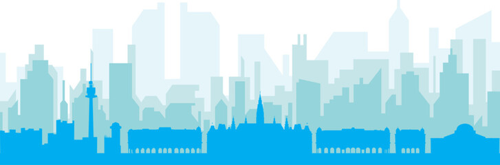 Blue panoramic city skyline poster with bluish misty transparent background buildings of VIENNA, AUSTRIA