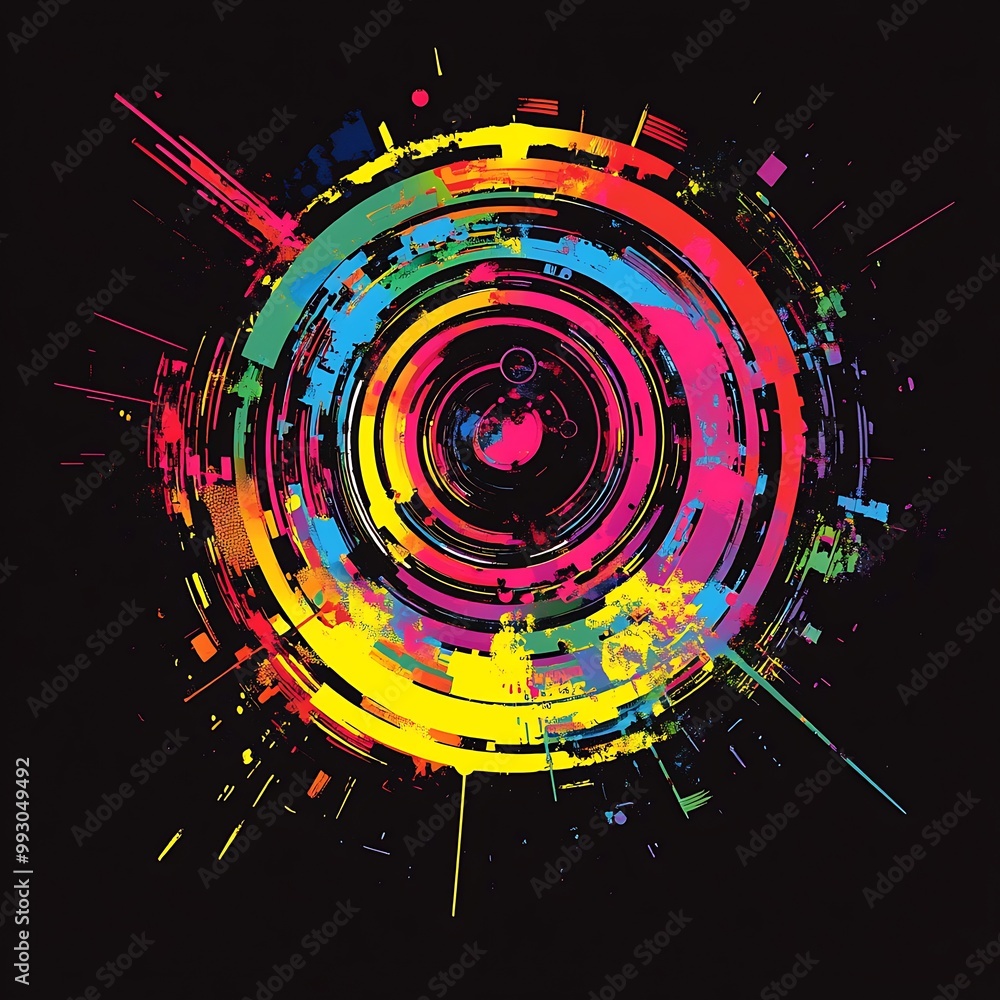 Poster colorful abstract concentric circles with grunge effect on black background.