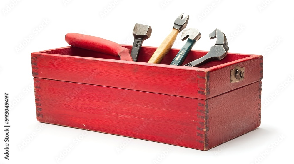 Wall mural one single red wooden toolbox with tools isolated on white background  