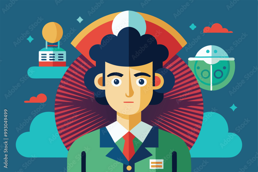 Poster a customizable illustration showcases a figure surrounded by vibrant shapes and patterns in a modern