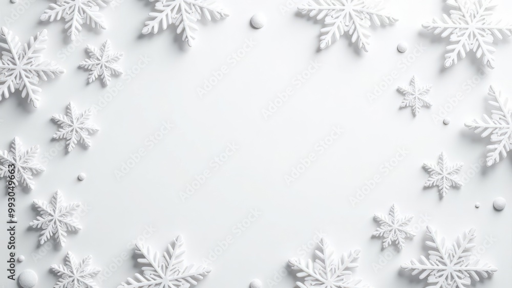 Wall mural white background with decorative snowflakes placed around the frame, copy space in the center concep