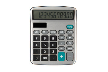 Modern calculator isolated on white, top view. 