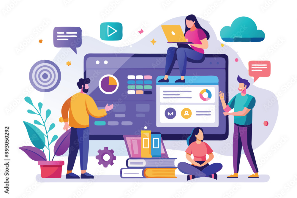 Aufkleber a group of ui/ux designers collaborates in a bright workspace, utilizing devices and illustrations t