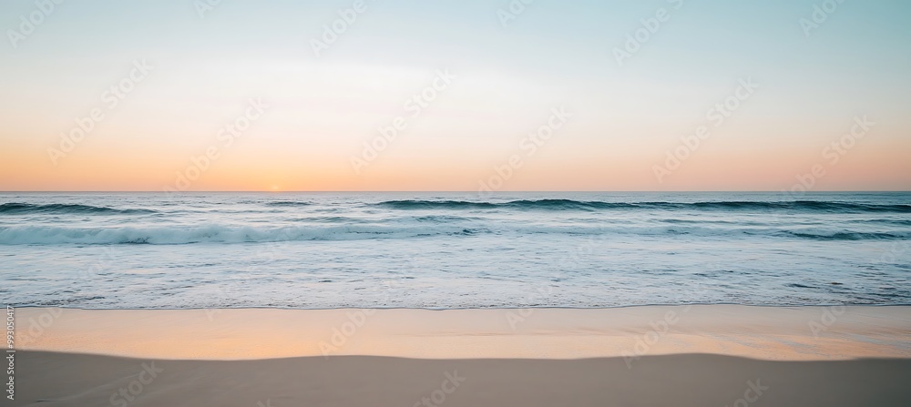 Wall mural a serene, beach sunset with a clear sky and a large text space