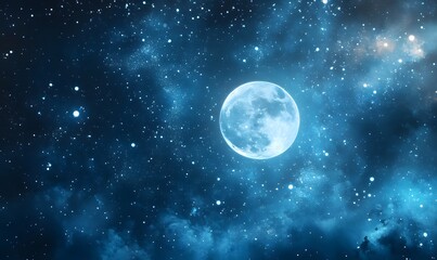 Naklejka premium Abstract digital painting depicting a blue moon in a starry sky, Generative AI