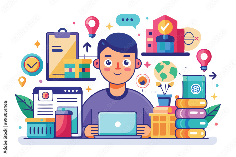 Poster a person engages in e-commerce tasks using a laptop surrounded by colorful icons and elements, custo