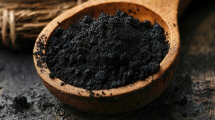 Dried Shilajit Powder on Wooden Spoon